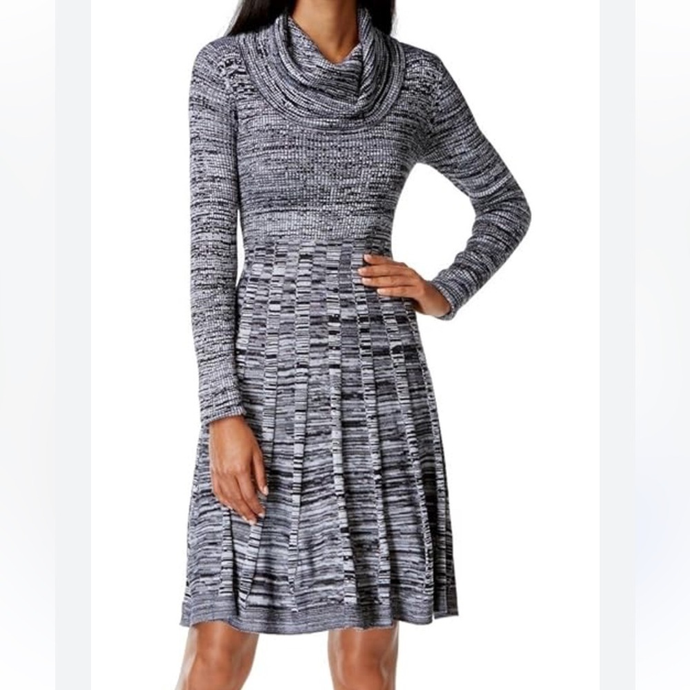 Calvin Klein Black White Cowl Neck Sweater Dress Fit n Flare Long Sleeve XL